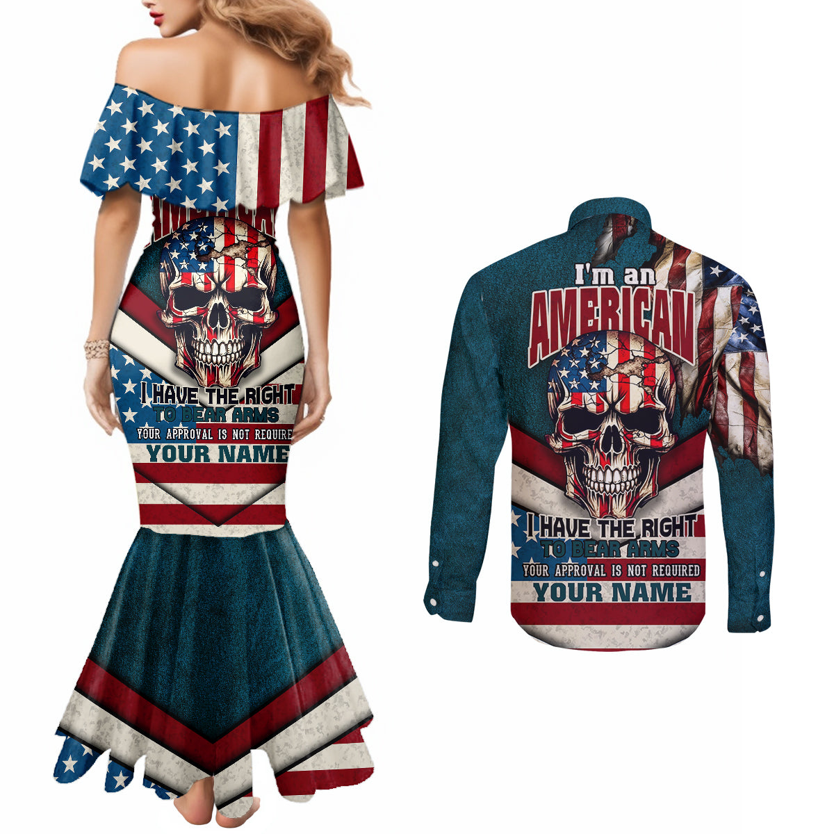 american-flag-skull-couples-matching-mermaid-dress-and-long-sleeve-button-shirts-im-an-american-i-have-the-right-to-bear-arms-your-approval-is-not-required