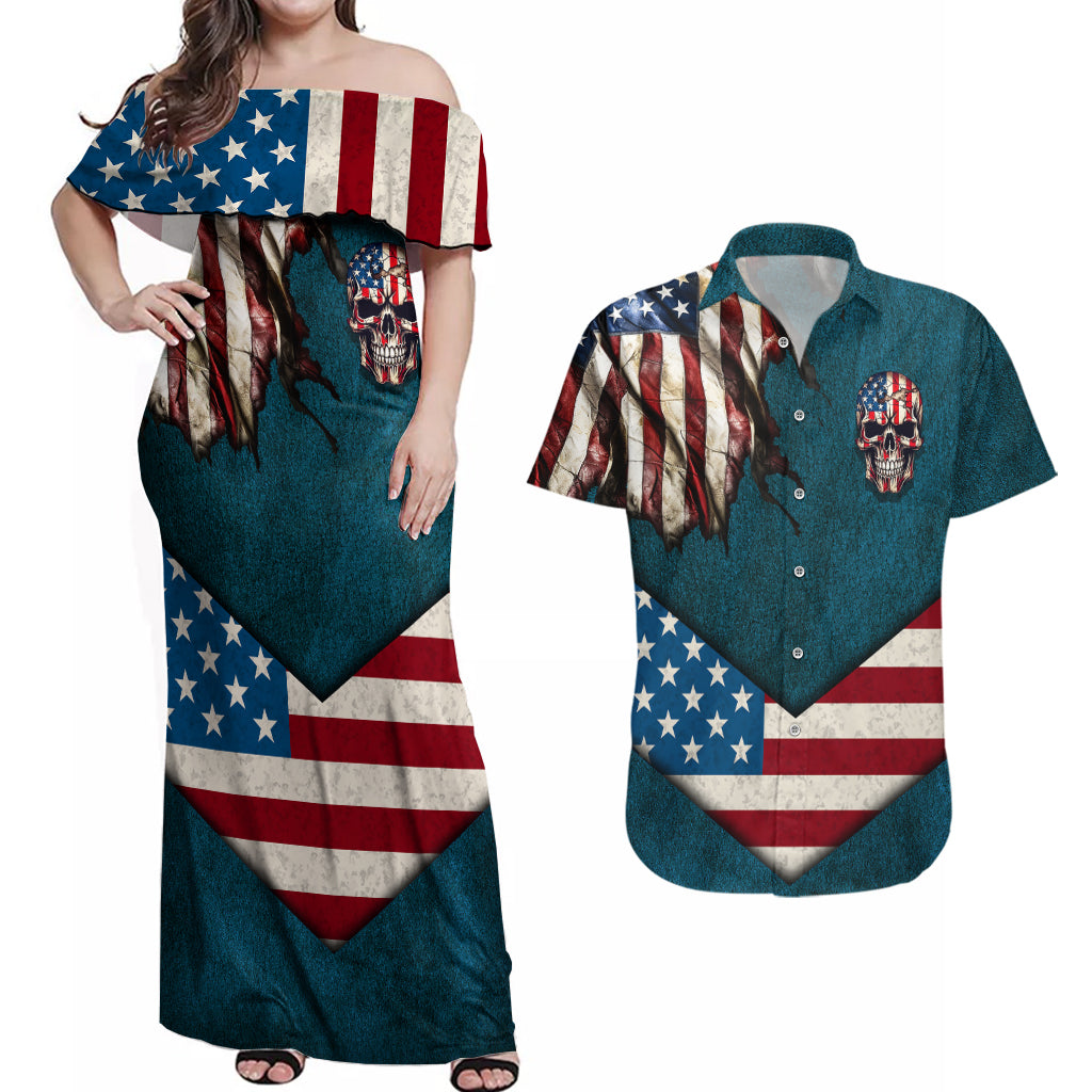 American Flag Skull Couples Matching Off Shoulder Maxi Dress and Hawaiian Shirt I'm an American I Have The Right To Bear Arms Your Approval Is Not Required - Wonder Print Shop