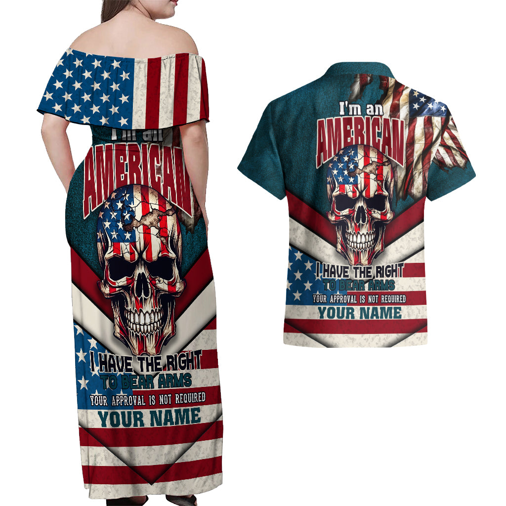 American Flag Skull Couples Matching Off Shoulder Maxi Dress and Hawaiian Shirt I'm an American I Have The Right To Bear Arms Your Approval Is Not Required - Wonder Print Shop