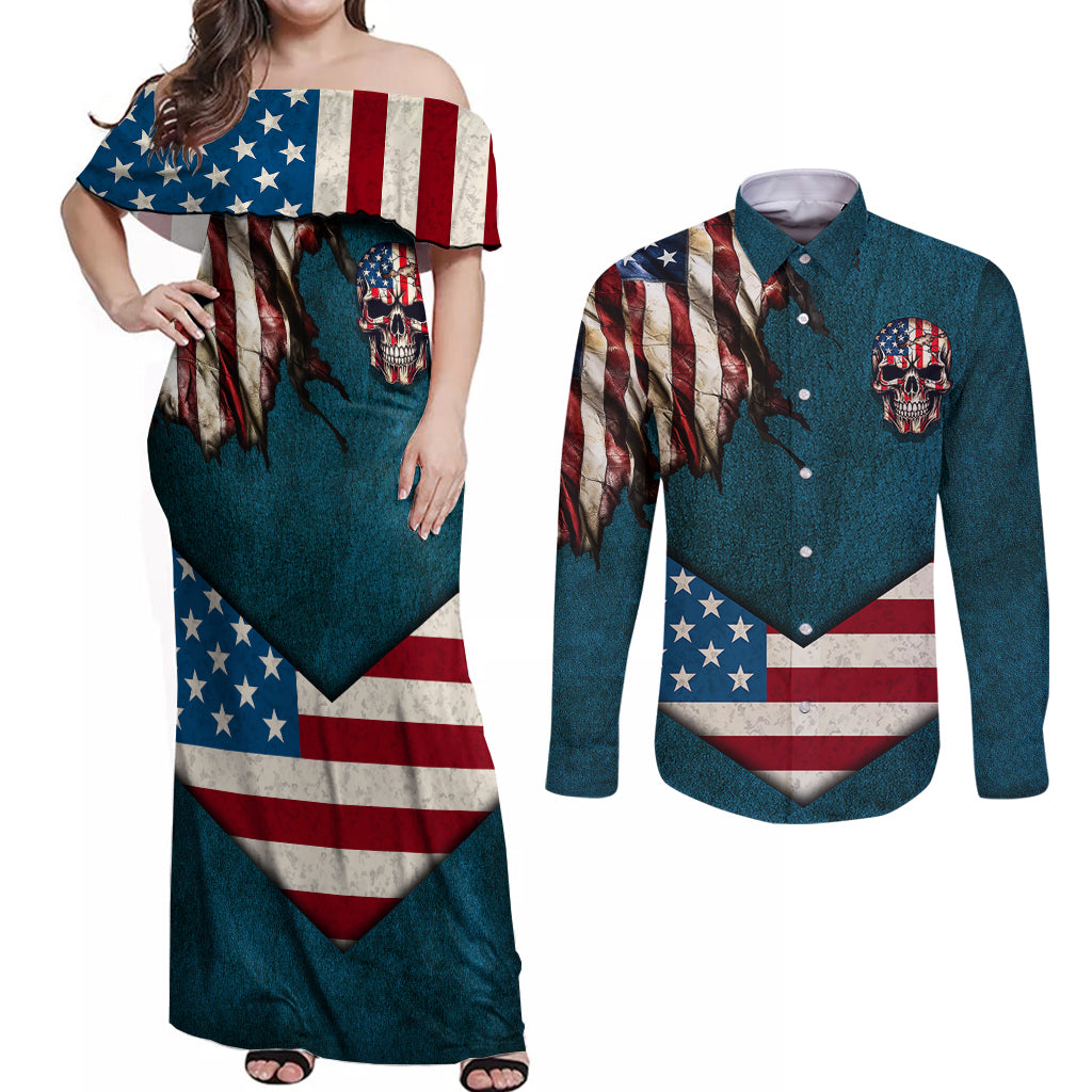 American Flag Skull Couples Matching Off Shoulder Maxi Dress and Long Sleeve Button Shirts I'm an American I Have The Right To Bear Arms Your Approval Is Not Required - Wonder Print Shop