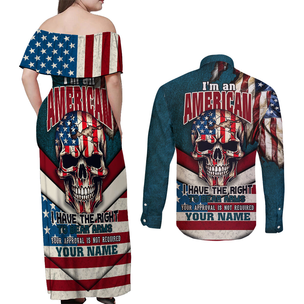 American Flag Skull Couples Matching Off Shoulder Maxi Dress and Long Sleeve Button Shirts I'm an American I Have The Right To Bear Arms Your Approval Is Not Required - Wonder Print Shop