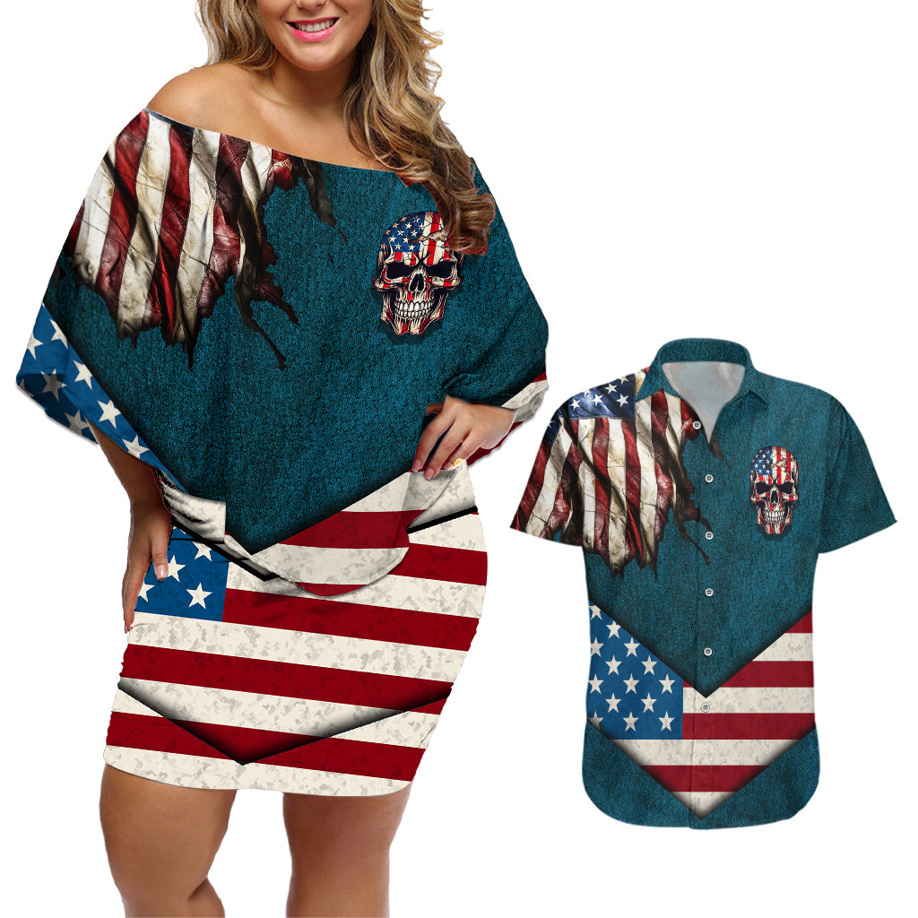American Flag Skull Couples Matching Off Shoulder Short Dress and Hawaiian Shirt I'm an American I Have The Right To Bear Arms Your Approval Is Not Required - Wonder Print Shop