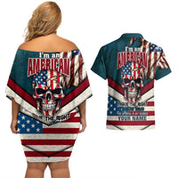 American Flag Skull Couples Matching Off Shoulder Short Dress and Hawaiian Shirt I'm an American I Have The Right To Bear Arms Your Approval Is Not Required - Wonder Print Shop