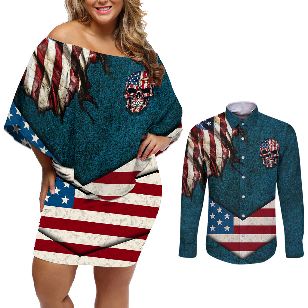 American Flag Skull Couples Matching Off Shoulder Short Dress and Long Sleeve Button Shirts I'm an American I Have The Right To Bear Arms Your Approval Is Not Required - Wonder Print Shop