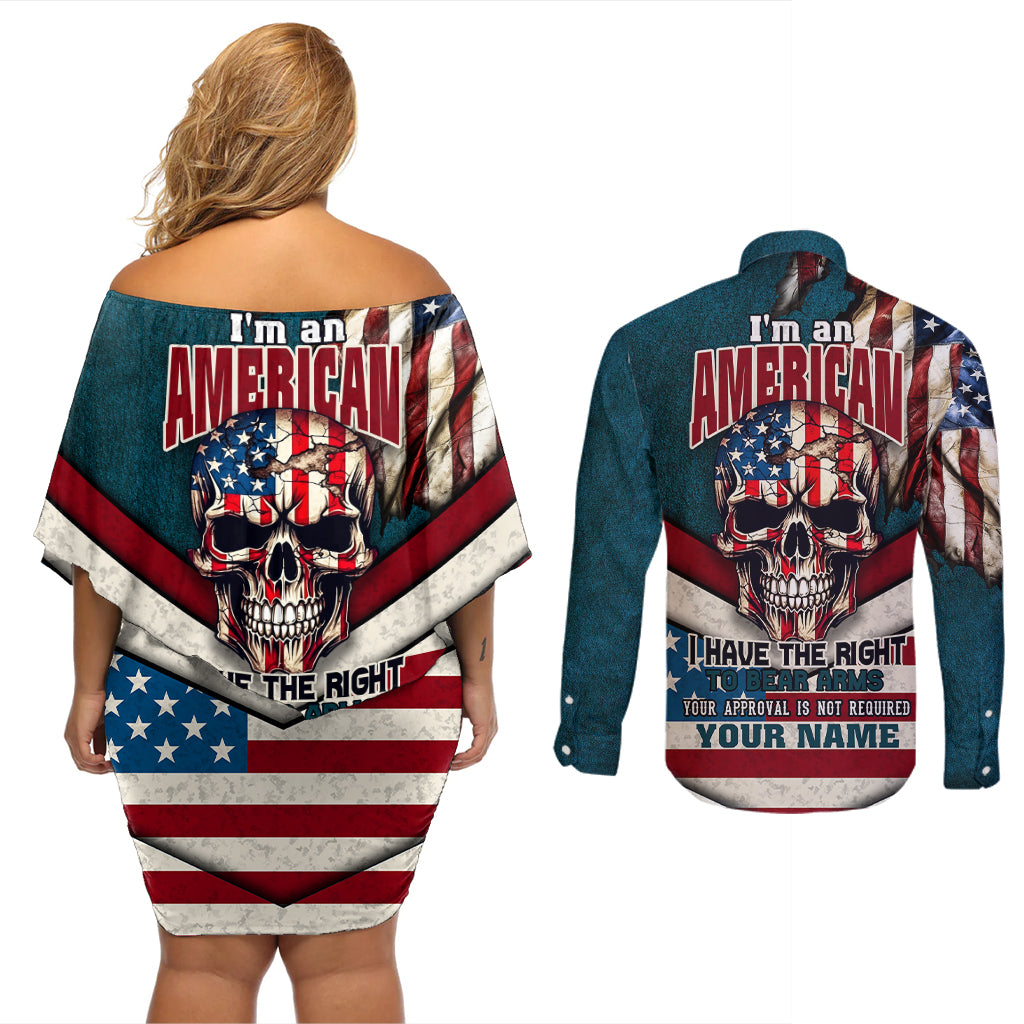 American Flag Skull Couples Matching Off Shoulder Short Dress and Long Sleeve Button Shirts I'm an American I Have The Right To Bear Arms Your Approval Is Not Required - Wonder Print Shop