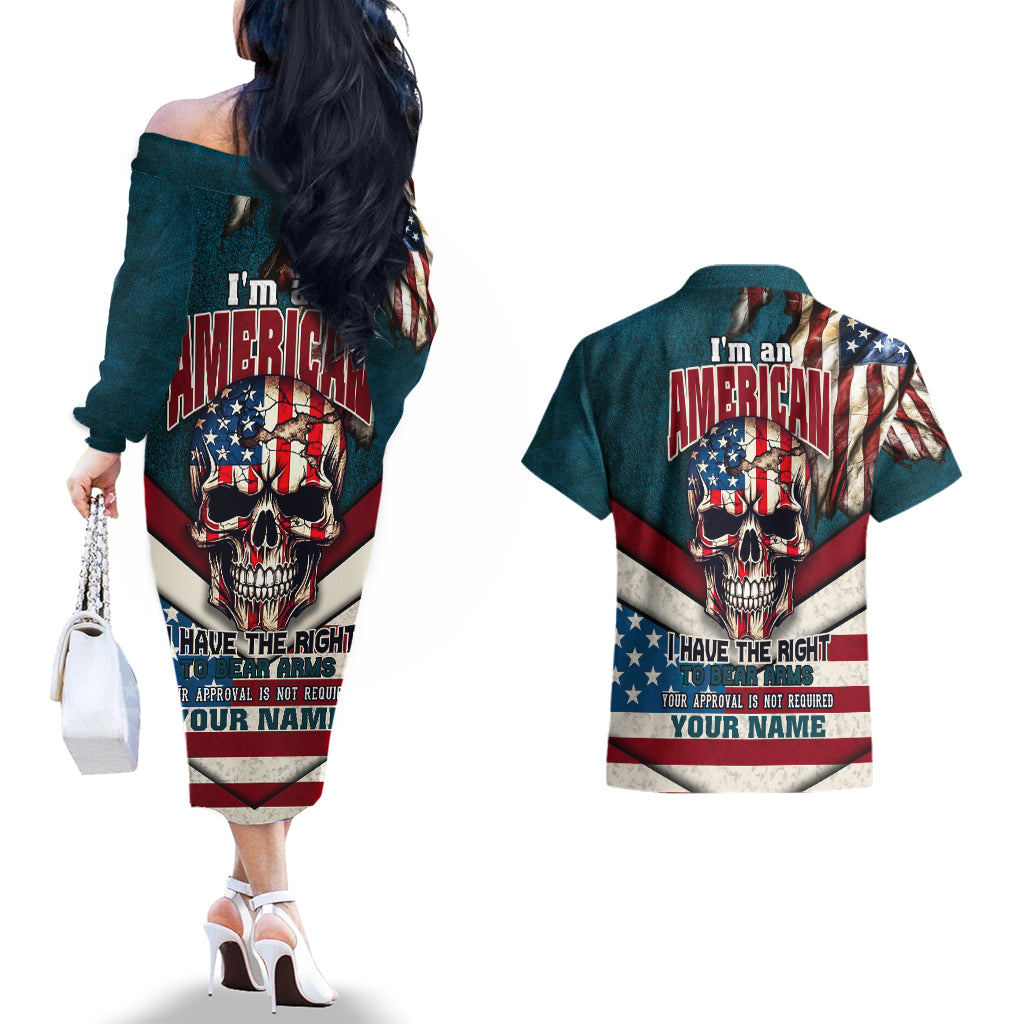 American Flag Skull Couples Matching Off The Shoulder Long Sleeve Dress and Hawaiian Shirt I'm an American I Have The Right To Bear Arms Your Approval Is Not Required - Wonder Print Shop