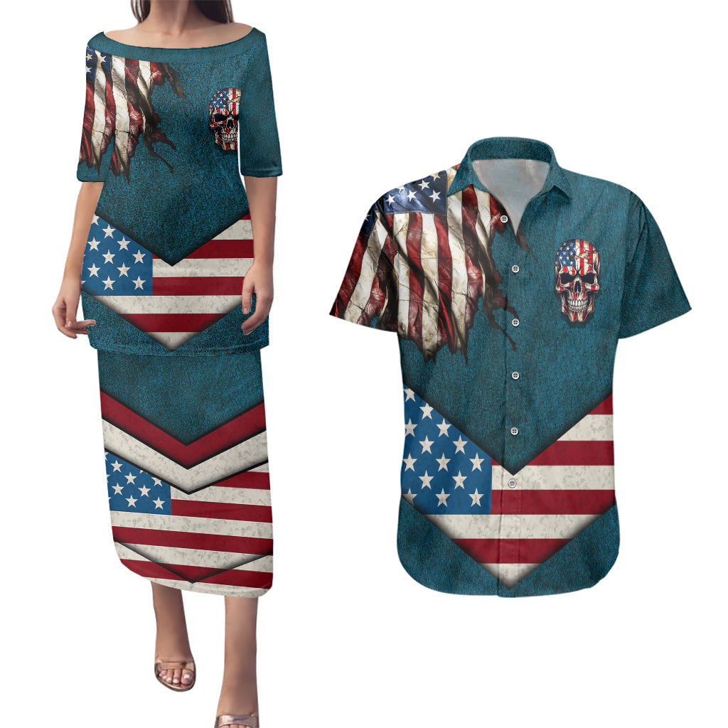 American Flag Skull Couples Matching Puletasi Dress and Hawaiian Shirt I'm an American I Have The Right To Bear Arms Your Approval Is Not Required - Wonder Print Shop