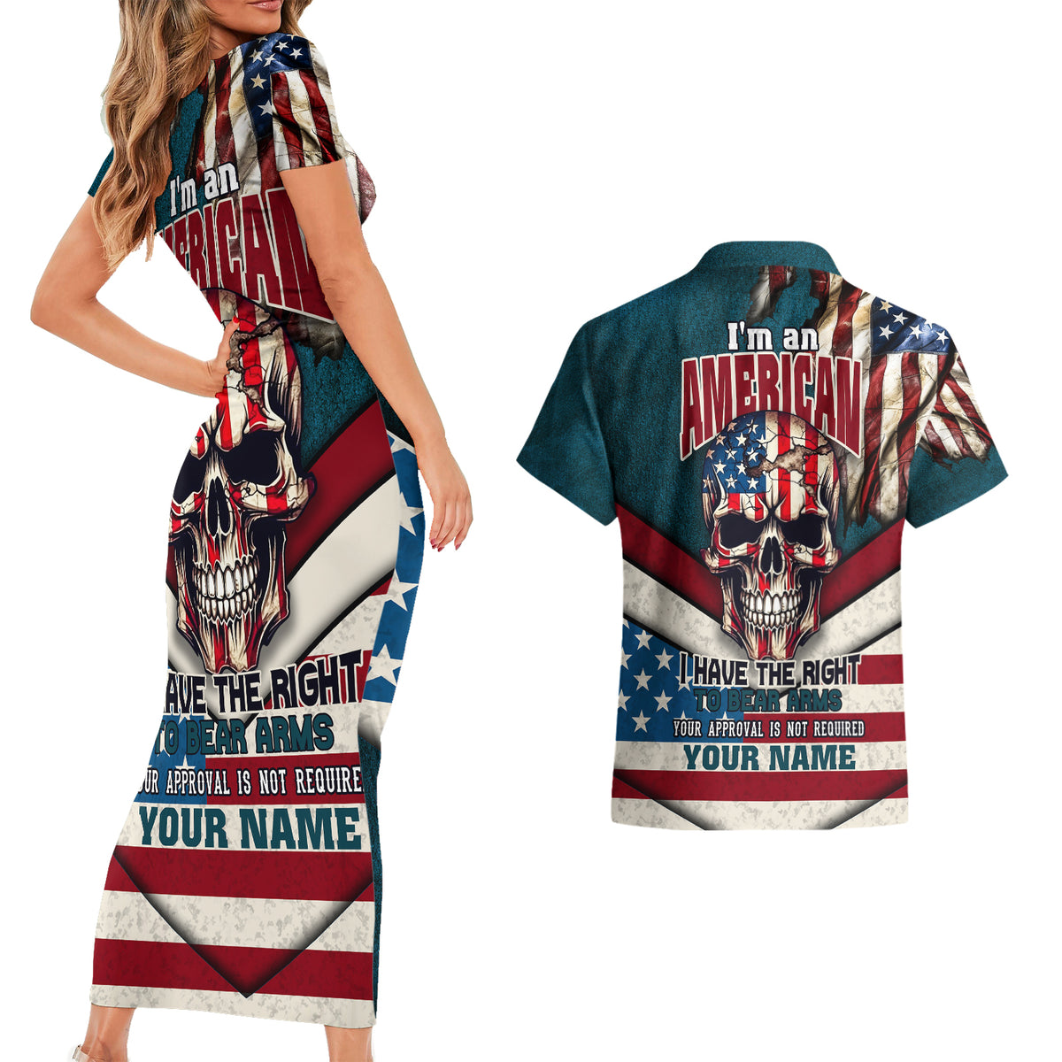 American Flag Skull Couples Matching Short Sleeve Bodycon Dress and Hawaiian Shirt I'm an American I Have The Right To Bear Arms Your Approval Is Not Required - Wonder Print Shop