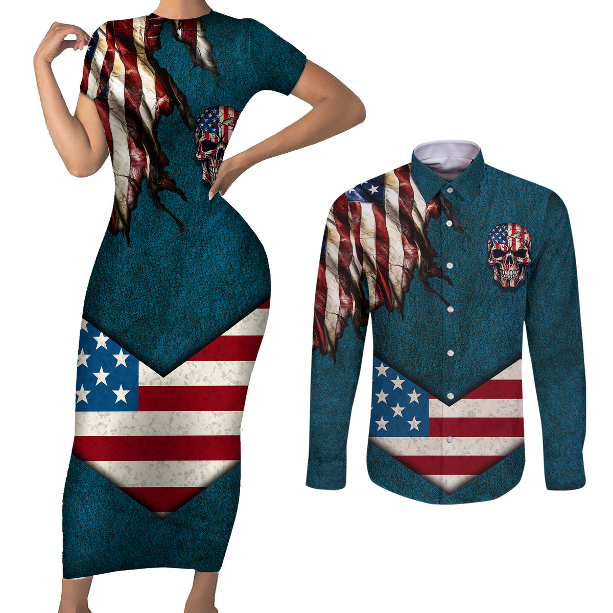 American Flag Skull Couples Matching Short Sleeve Bodycon Dress and Long Sleeve Button Shirts I'm an American I Have The Right To Bear Arms Your Approval Is Not Required - Wonder Print Shop