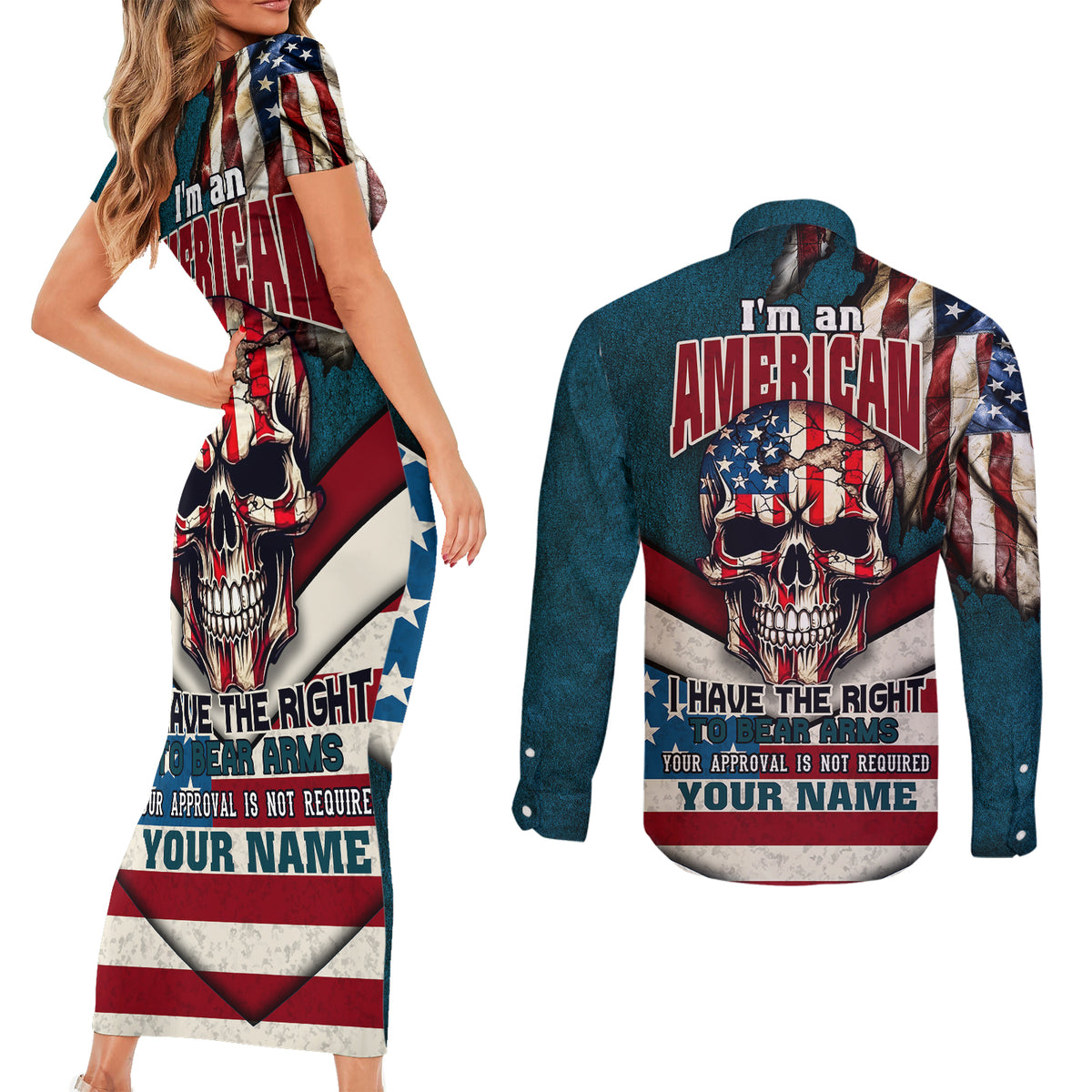 American Flag Skull Couples Matching Short Sleeve Bodycon Dress and Long Sleeve Button Shirts I'm an American I Have The Right To Bear Arms Your Approval Is Not Required - Wonder Print Shop