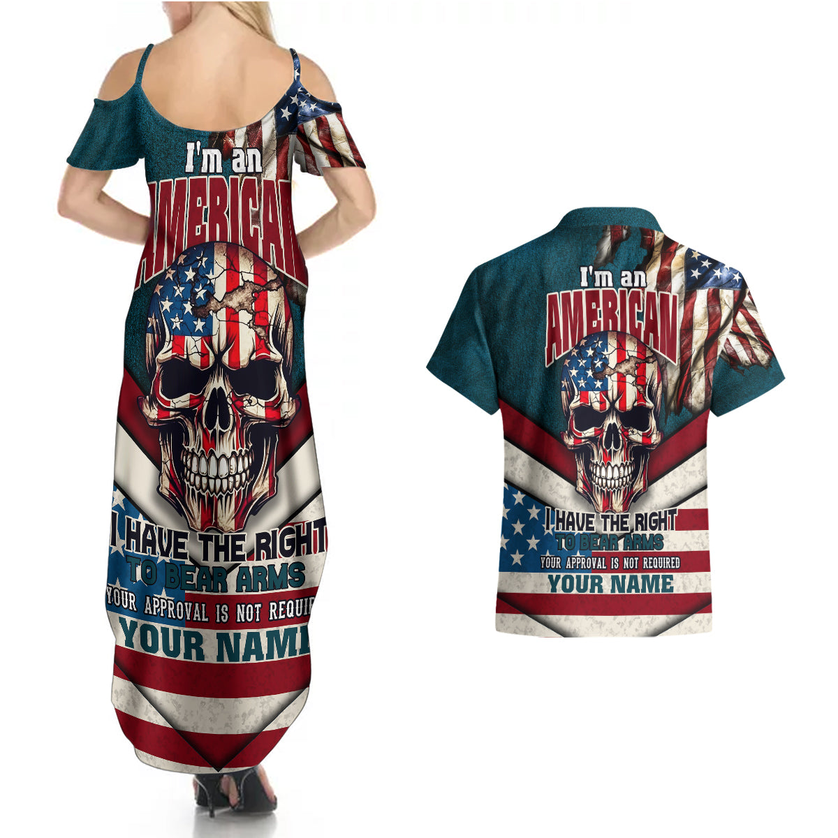 American Flag Skull Couples Matching Summer Maxi Dress and Hawaiian Shirt I'm an American I Have The Right To Bear Arms Your Approval Is Not Required - Wonder Print Shop