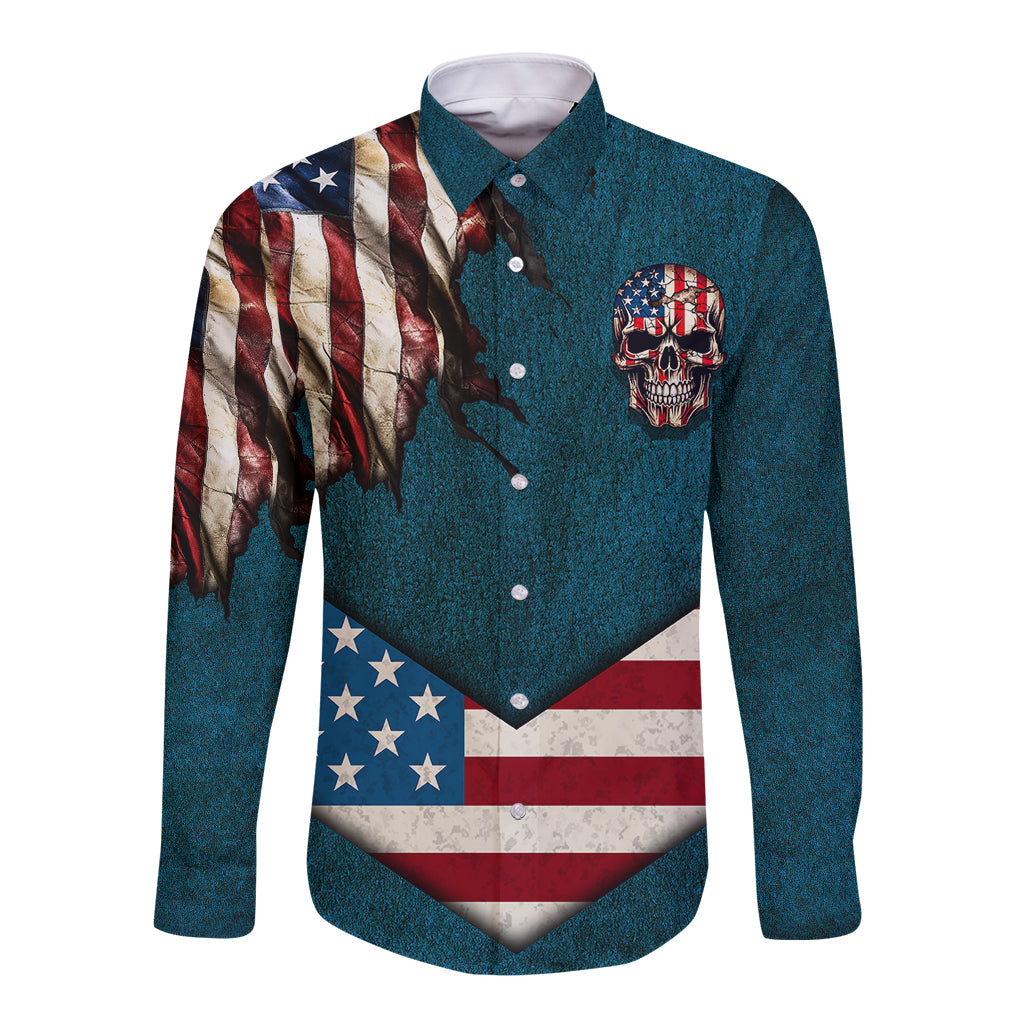 American Flag Skull Long Sleeve Button Shirt I'm an American I Have The Right To Bear Arms Your Approval Is Not Required - Wonder Print Shop