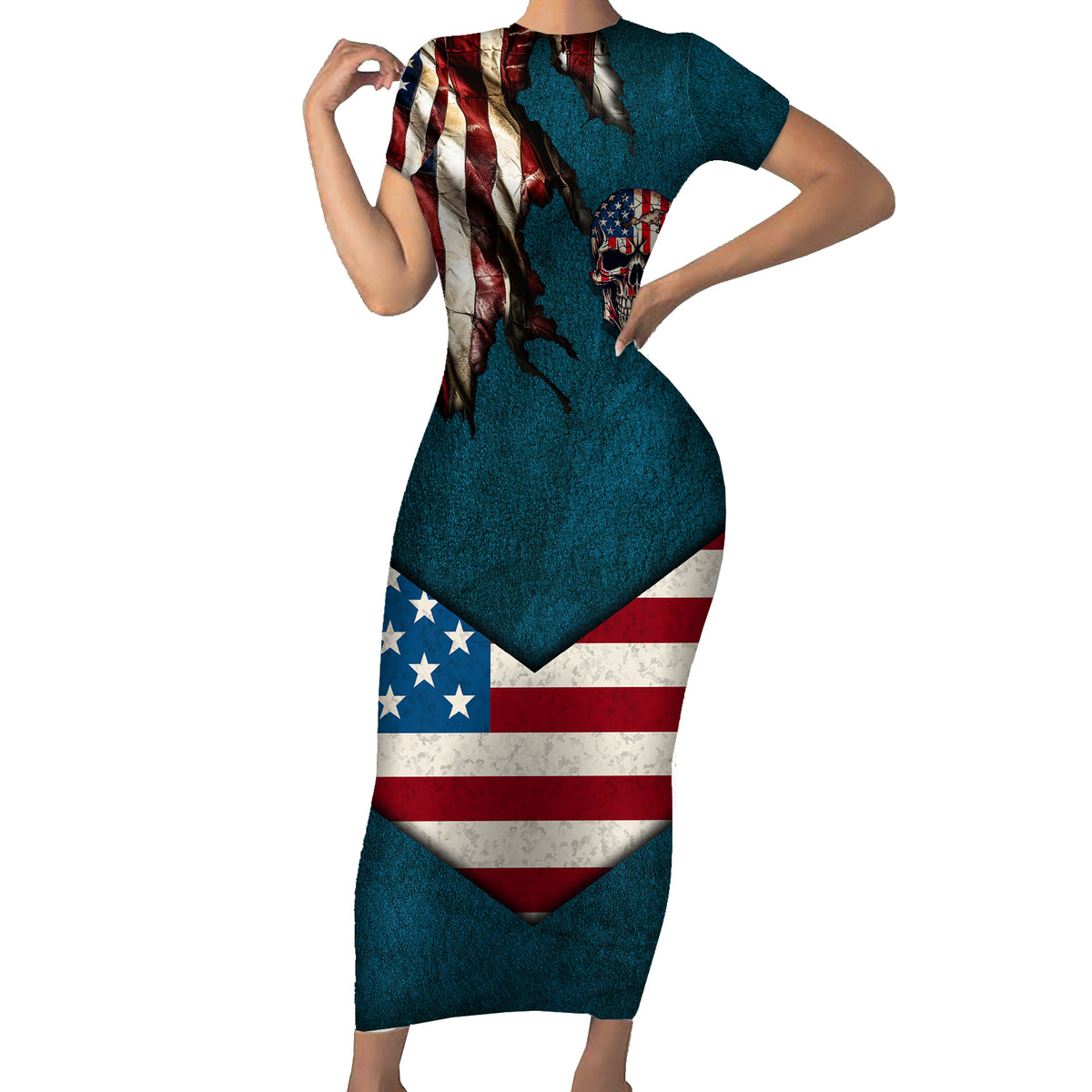 American Flag Skull Short Sleeve Bodycon Dress I'm an American I Have The Right To Bear Arms Your Approval Is Not Required - Wonder Print Shop