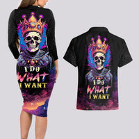 King Skeleton Couples Matching Long Sleeve Bodycon Dress and Hawaiian Shirt I Do What I Want - Wonder Print Shop