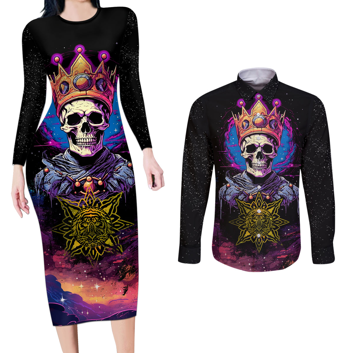 King Skeleton Couples Matching Long Sleeve Bodycon Dress and Long Sleeve Button Shirts I Do What I Want - Wonder Print Shop