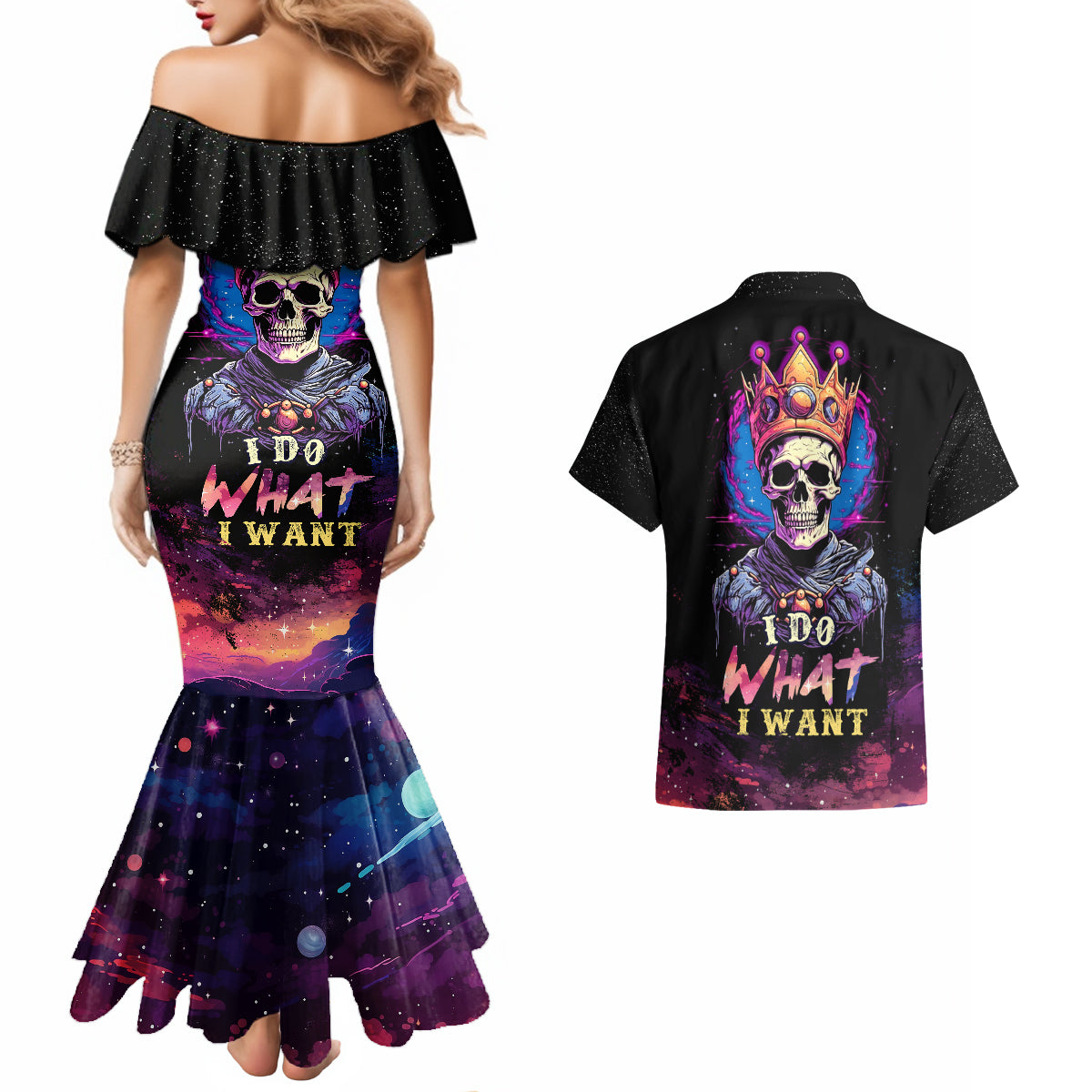 King Skeleton Couples Matching Mermaid Dress and Hawaiian Shirt I Do What I Want - Wonder Print Shop