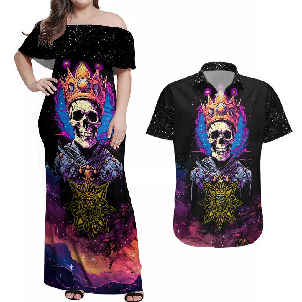 King Skeleton Couples Matching Off Shoulder Maxi Dress and Hawaiian Shirt I Do What I Want - Wonder Print Shop