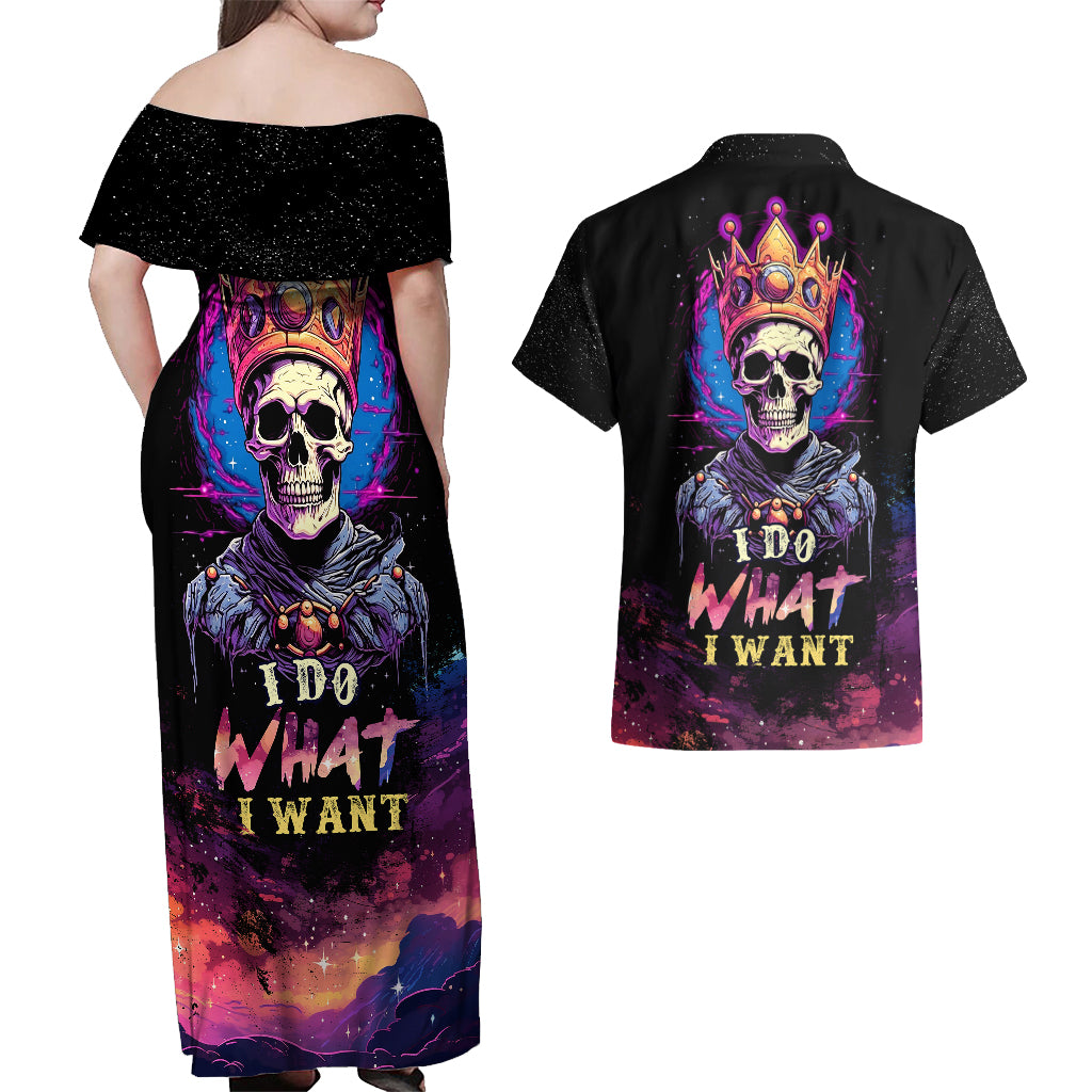 King Skeleton Couples Matching Off Shoulder Maxi Dress and Hawaiian Shirt I Do What I Want - Wonder Print Shop