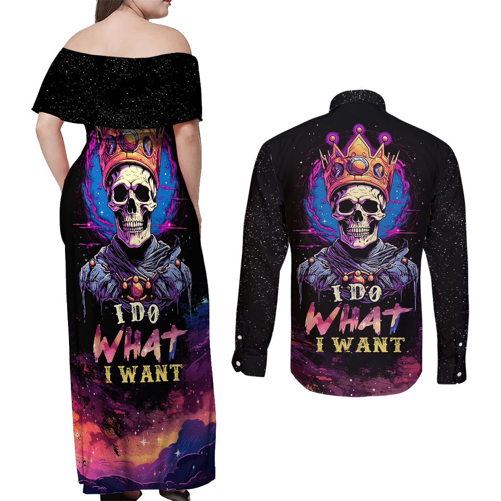 King Skeleton Couples Matching Off Shoulder Maxi Dress and Long Sleeve Button Shirts I Do What I Want - Wonder Print Shop