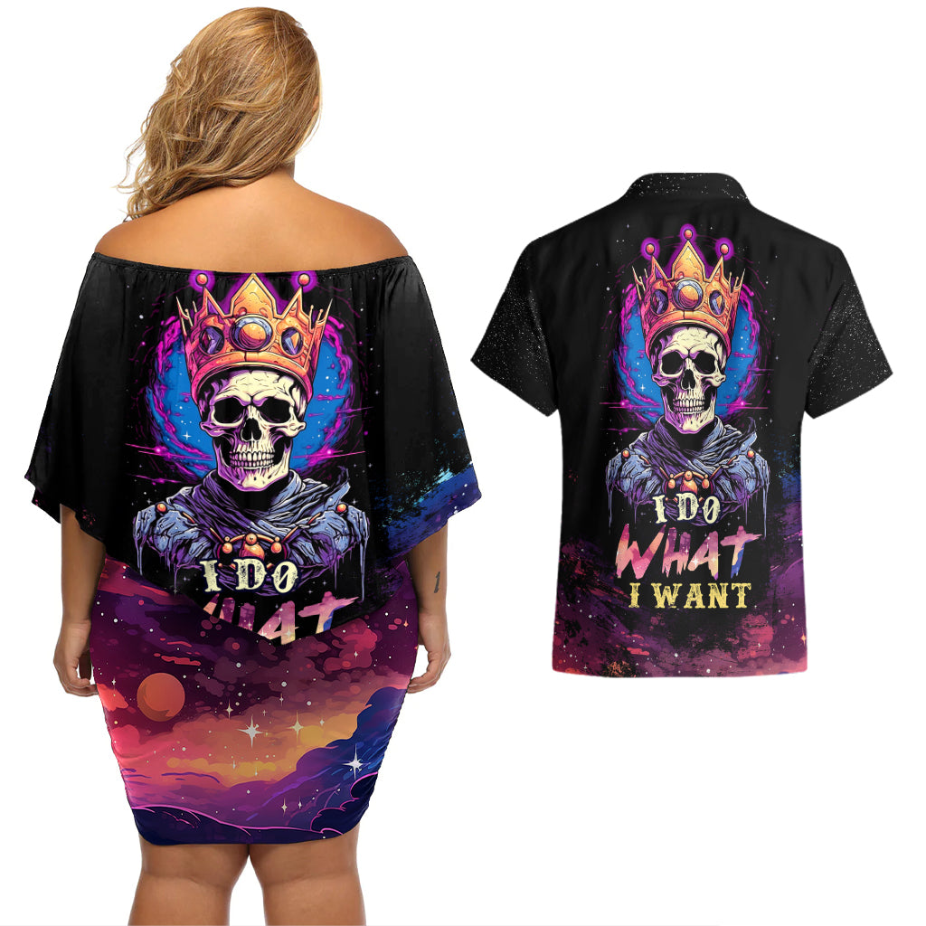 King Skeleton Couples Matching Off Shoulder Short Dress and Hawaiian Shirt I Do What I Want - Wonder Print Shop