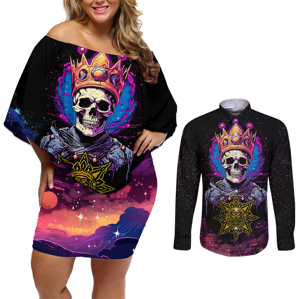King Skeleton Couples Matching Off Shoulder Short Dress and Long Sleeve Button Shirts I Do What I Want - Wonder Print Shop