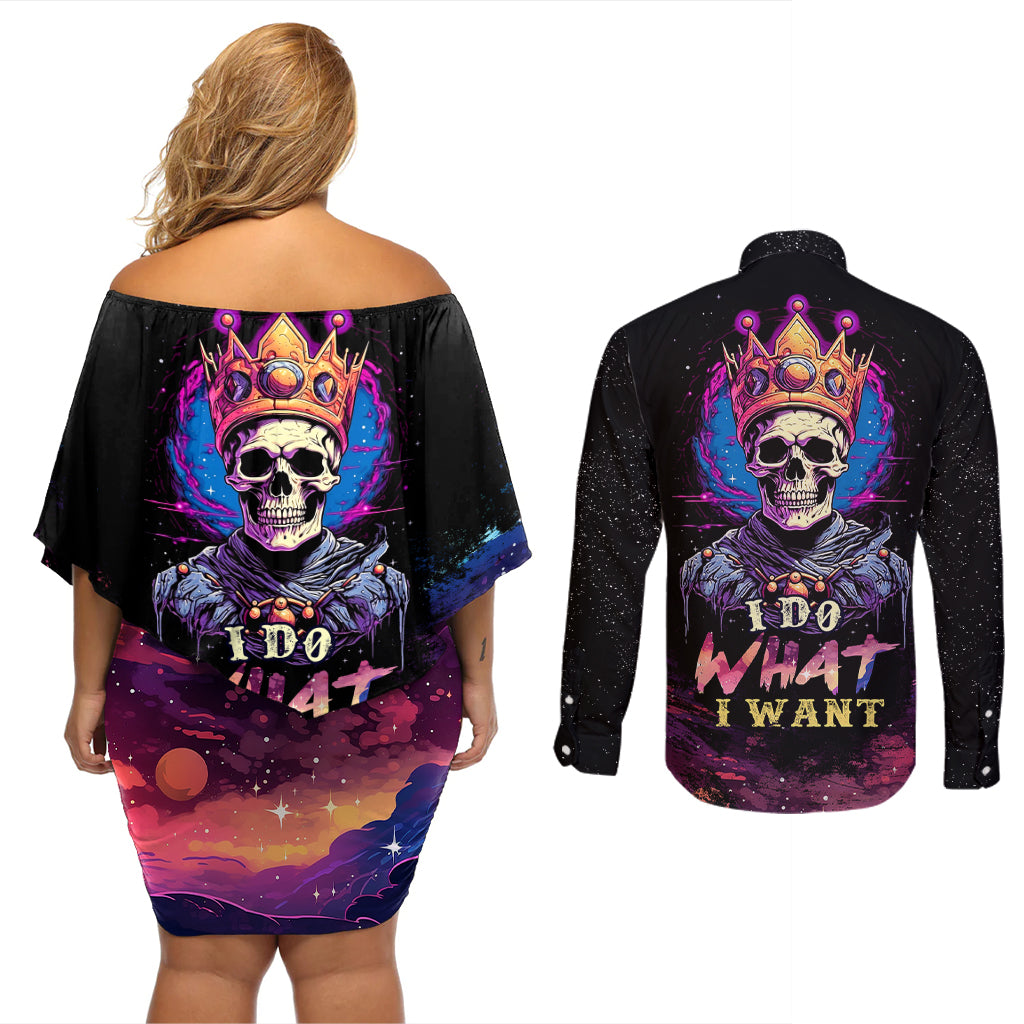King Skeleton Couples Matching Off Shoulder Short Dress and Long Sleeve Button Shirts I Do What I Want - Wonder Print Shop
