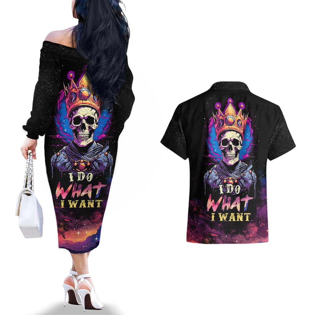 King Skeleton Couples Matching Off The Shoulder Long Sleeve Dress and Hawaiian Shirt I Do What I Want - Wonder Print Shop