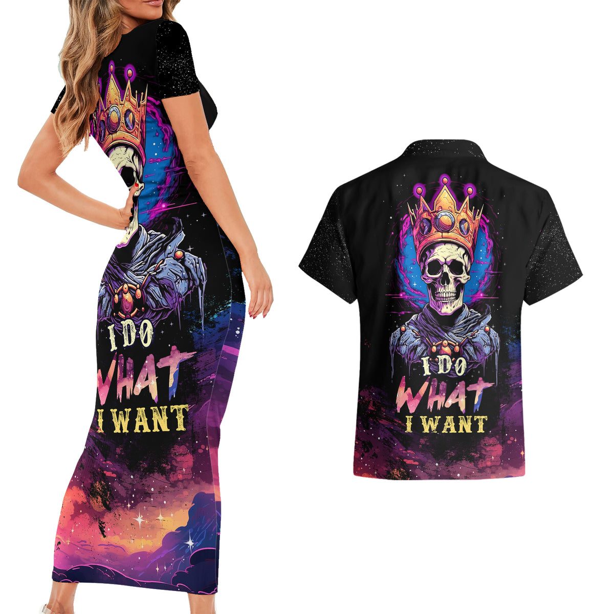 King Skeleton Couples Matching Short Sleeve Bodycon Dress and Hawaiian Shirt I Do What I Want - Wonder Print Shop