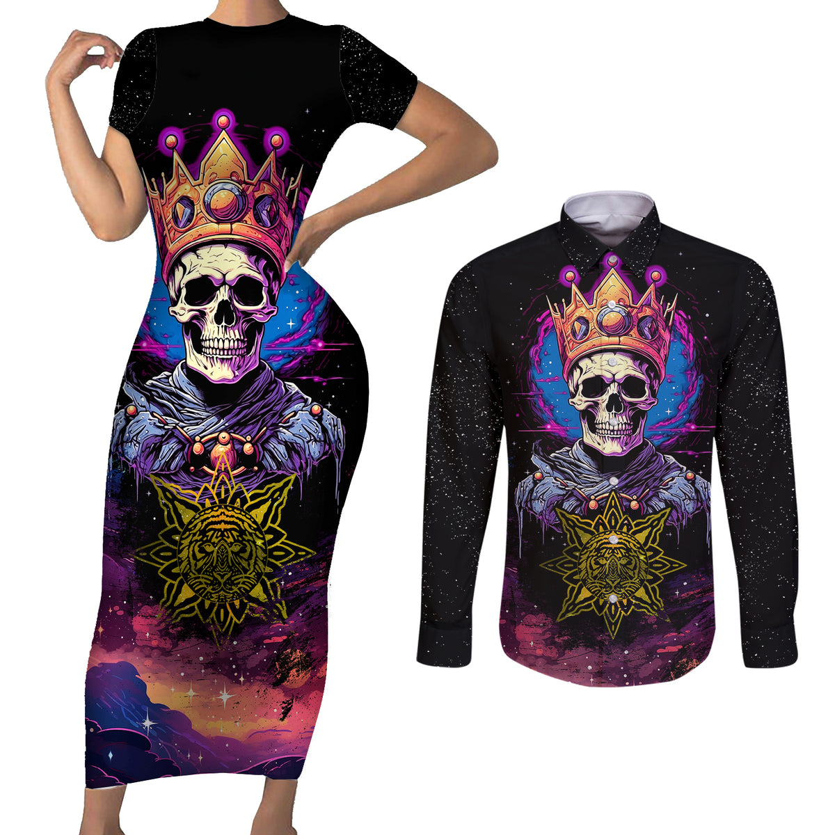 King Skeleton Couples Matching Short Sleeve Bodycon Dress and Long Sleeve Button Shirts I Do What I Want - Wonder Print Shop