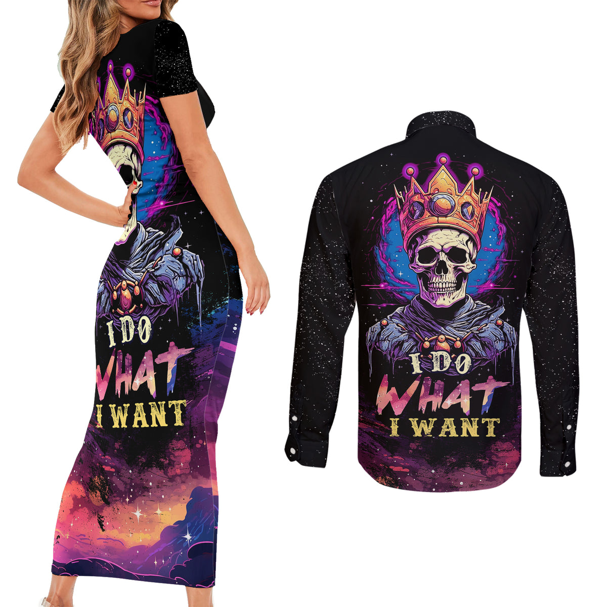King Skeleton Couples Matching Short Sleeve Bodycon Dress and Long Sleeve Button Shirts I Do What I Want - Wonder Print Shop