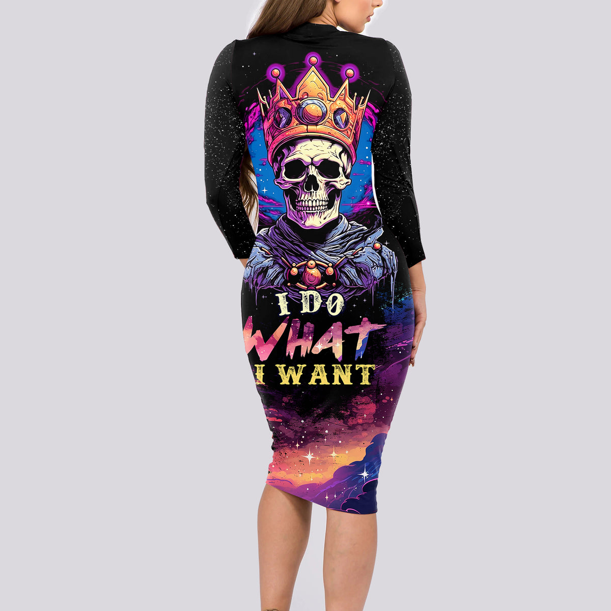 King Skeleton Long Sleeve Bodycon Dress I Do What I Want - Wonder Print Shop