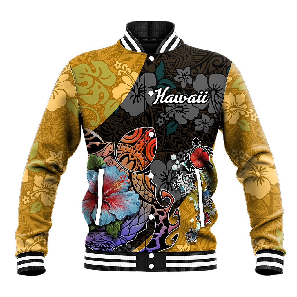 Hawaii Polynesian Baseball Jacket Turtles and Hibiscus Flower Gradient Pattern - Wonder Print Shop
