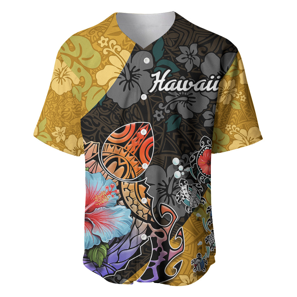 Hawaii Polynesian Baseball Jersey Turtles and Hibiscus Flower Gradient Pattern - Wonder Print Shop
