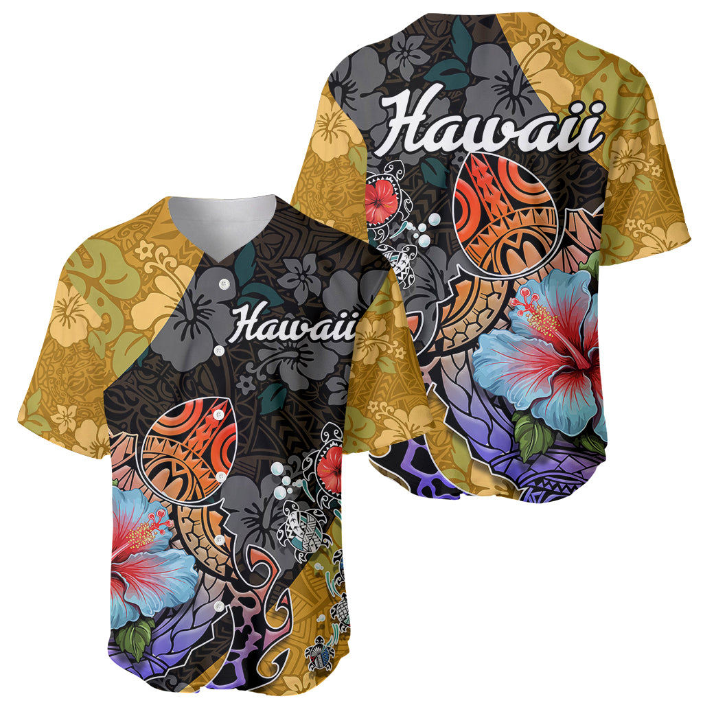 Hawaii Polynesian Baseball Jersey Turtles and Hibiscus Flower Gradient Pattern - Wonder Print Shop