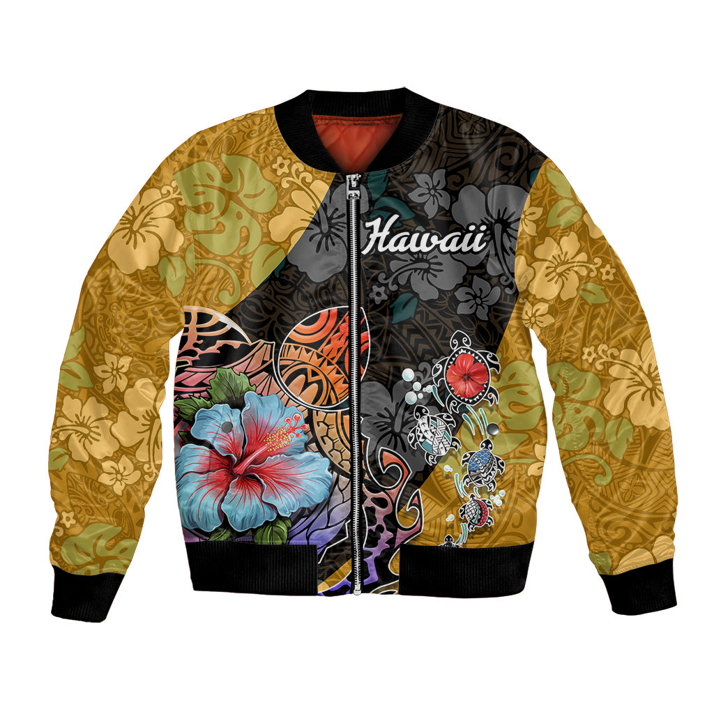 Hawaii Polynesian Bomber Jacket Turtles and Hibiscus Flower Gradient Pattern - Wonder Print Shop