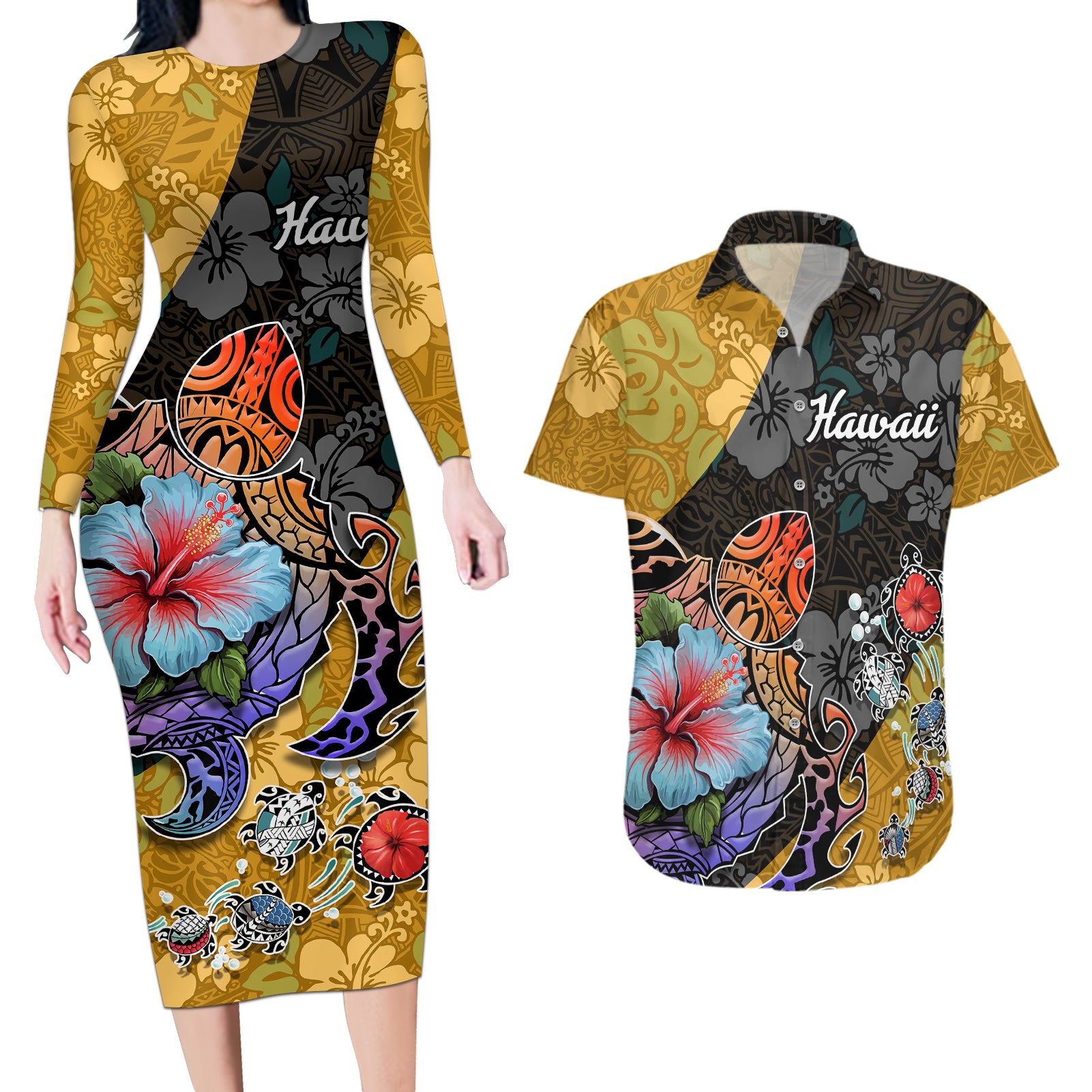 Hawaii Polynesian Couples Matching Long Sleeve Bodycon Dress and Hawaiian Shirt Turtles and Hibiscus Flower Gradient Pattern - Wonder Print Shop