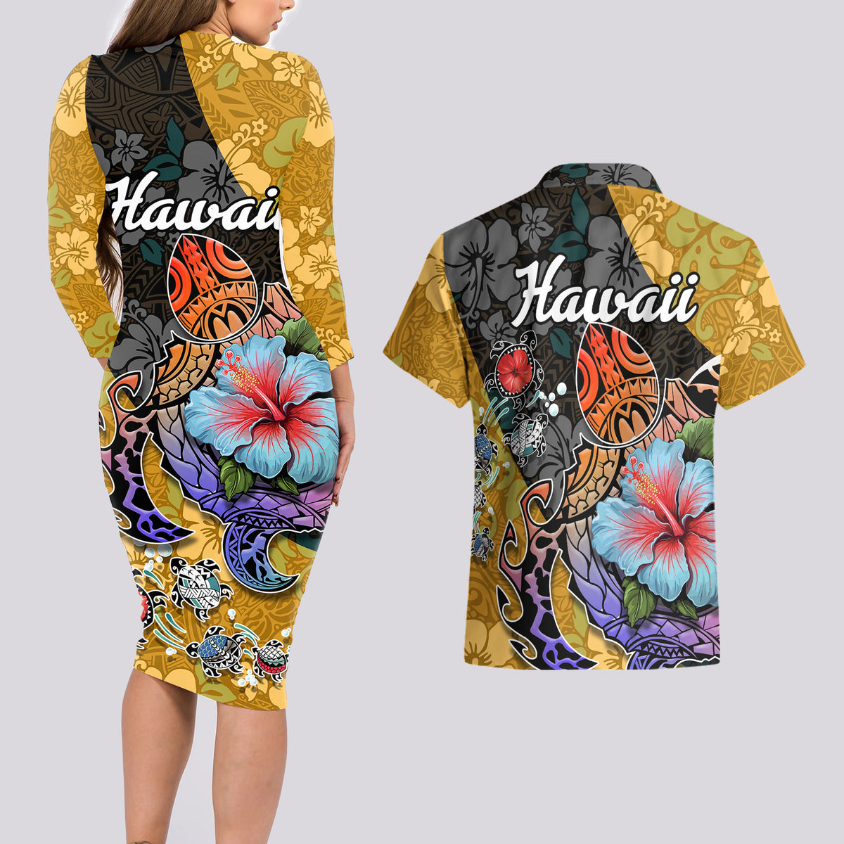 Hawaii Polynesian Couples Matching Long Sleeve Bodycon Dress and Hawaiian Shirt Turtles and Hibiscus Flower Gradient Pattern - Wonder Print Shop