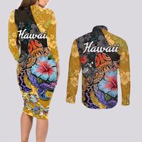 Hawaii Polynesian Couples Matching Long Sleeve Bodycon Dress and Long Sleeve Button Shirts Turtles and Hibiscus Flower Gradient Pattern - Wonder Print Shop