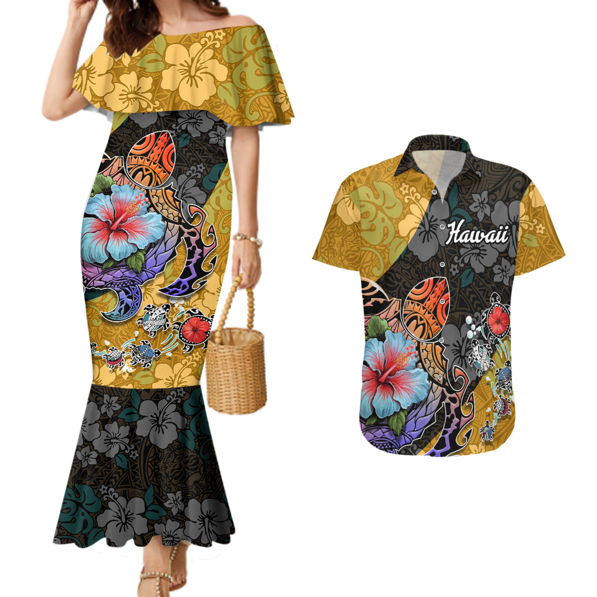 Hawaii Polynesian Couples Matching Mermaid Dress and Hawaiian Shirt Turtles and Hibiscus Flower Gradient Pattern - Wonder Print Shop