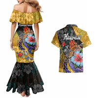 Hawaii Polynesian Couples Matching Mermaid Dress and Hawaiian Shirt Turtles and Hibiscus Flower Gradient Pattern - Wonder Print Shop