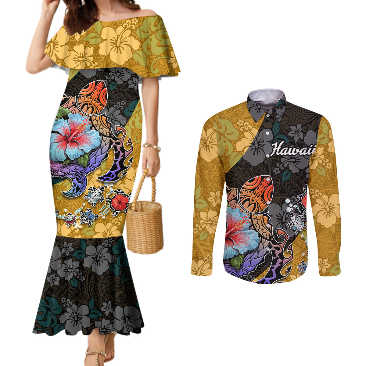 hawaii-polynesian-couples-matching-mermaid-dress-and-long-sleeve-button-shirts-turtles-and-hibiscus-flower-gradient-pattern