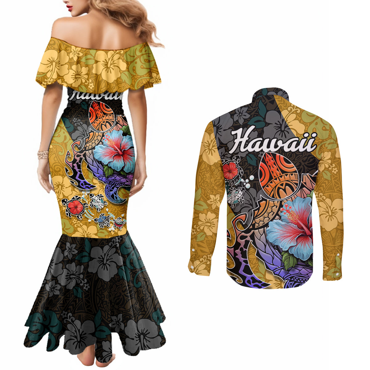 hawaii-polynesian-couples-matching-mermaid-dress-and-long-sleeve-button-shirts-turtles-and-hibiscus-flower-gradient-pattern