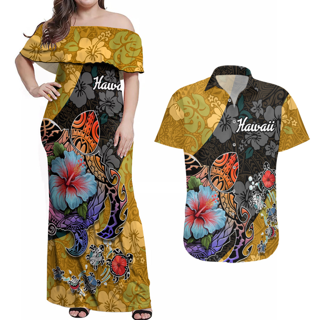 Hawaii Polynesian Couples Matching Off Shoulder Maxi Dress and Hawaiian Shirt Turtles and Hibiscus Flower Gradient Pattern - Wonder Print Shop