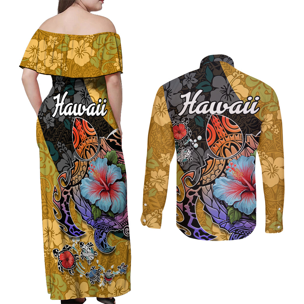 Hawaii Polynesian Couples Matching Off Shoulder Maxi Dress and Long Sleeve Button Shirts Turtles and Hibiscus Flower Gradient Pattern - Wonder Print Shop