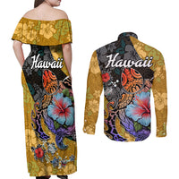 Hawaii Polynesian Couples Matching Off Shoulder Maxi Dress and Long Sleeve Button Shirts Turtles and Hibiscus Flower Gradient Pattern - Wonder Print Shop