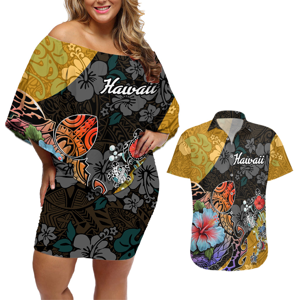 Hawaii Polynesian Couples Matching Off Shoulder Short Dress and Hawaiian Shirt Turtles and Hibiscus Flower Gradient Pattern - Wonder Print Shop