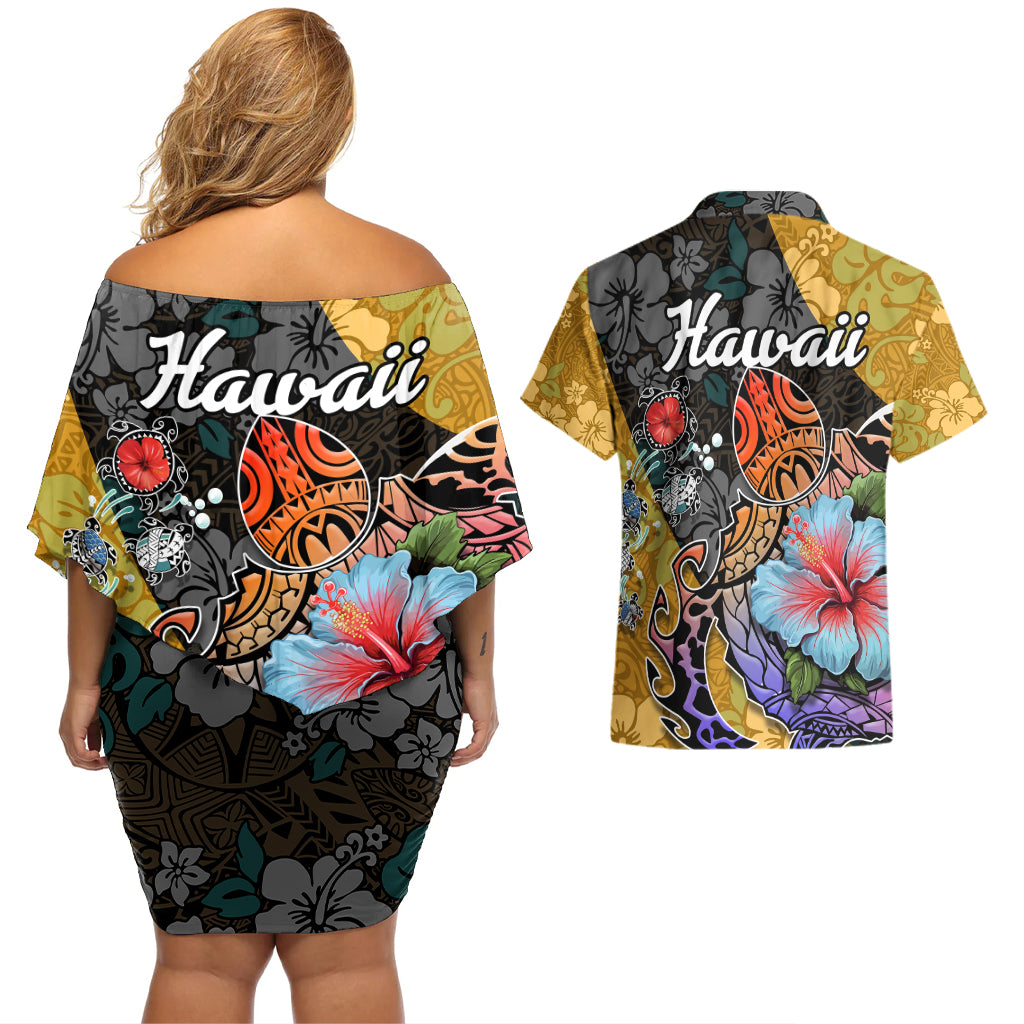 Hawaii Polynesian Couples Matching Off Shoulder Short Dress and Hawaiian Shirt Turtles and Hibiscus Flower Gradient Pattern - Wonder Print Shop