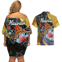 Hawaii Polynesian Couples Matching Off Shoulder Short Dress and Hawaiian Shirt Turtles and Hibiscus Flower Gradient Pattern - Wonder Print Shop