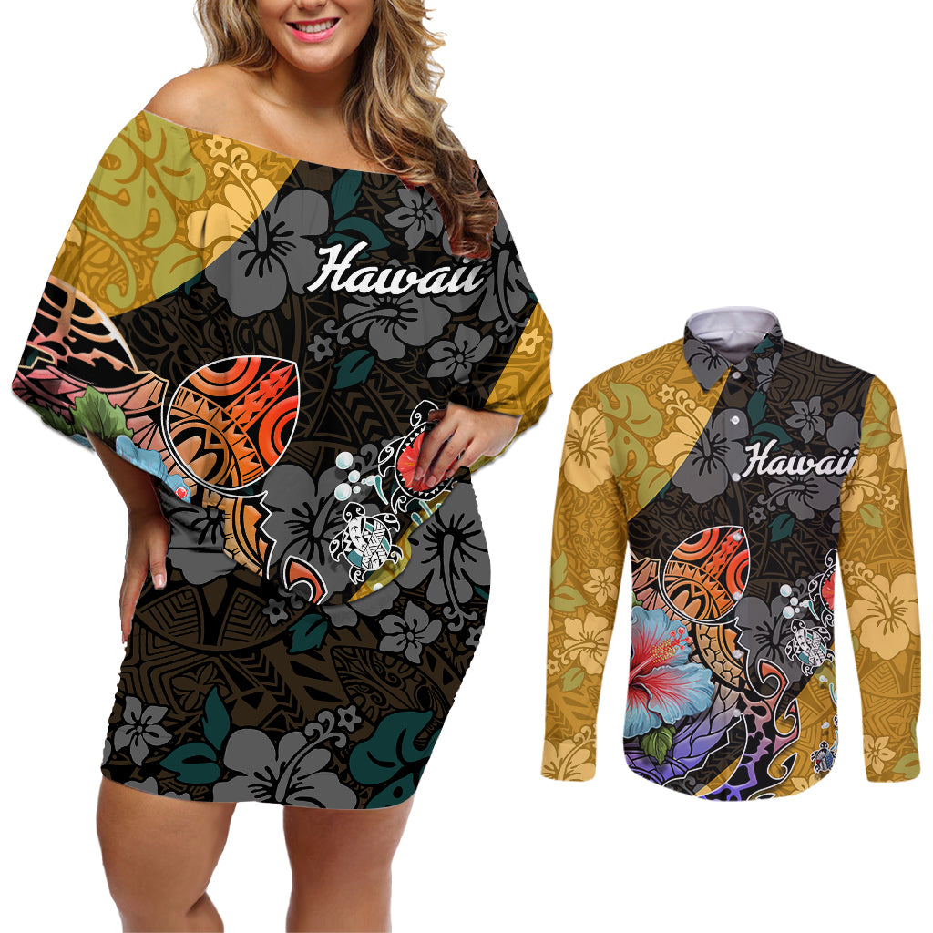 Hawaii Polynesian Couples Matching Off Shoulder Short Dress and Long Sleeve Button Shirts Turtles and Hibiscus Flower Gradient Pattern - Wonder Print Shop