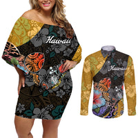 Hawaii Polynesian Couples Matching Off Shoulder Short Dress and Long Sleeve Button Shirts Turtles and Hibiscus Flower Gradient Pattern - Wonder Print Shop
